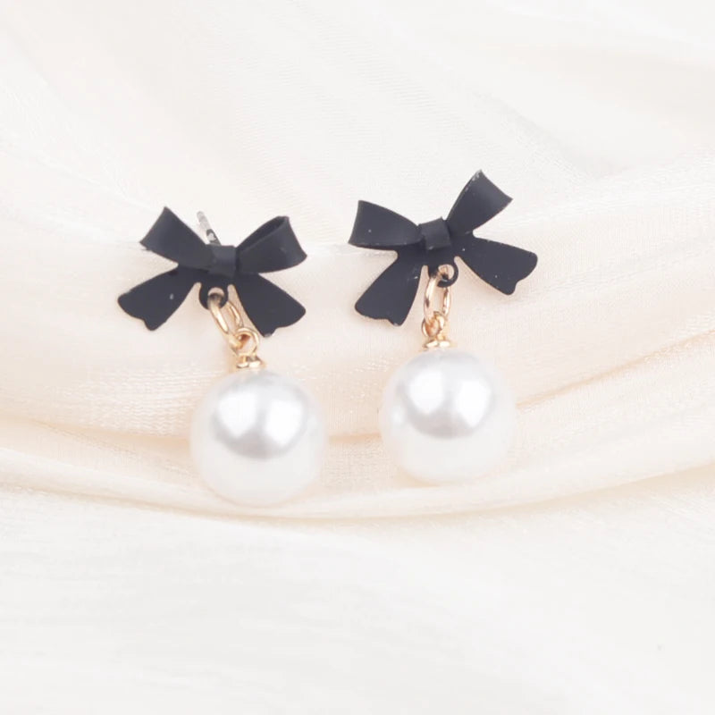 Red Black Bow Knot Drop Earrings for Women Elegant Party White Round Imitation Pearl Dangle Earrings Geometry Party Jewelry Gift