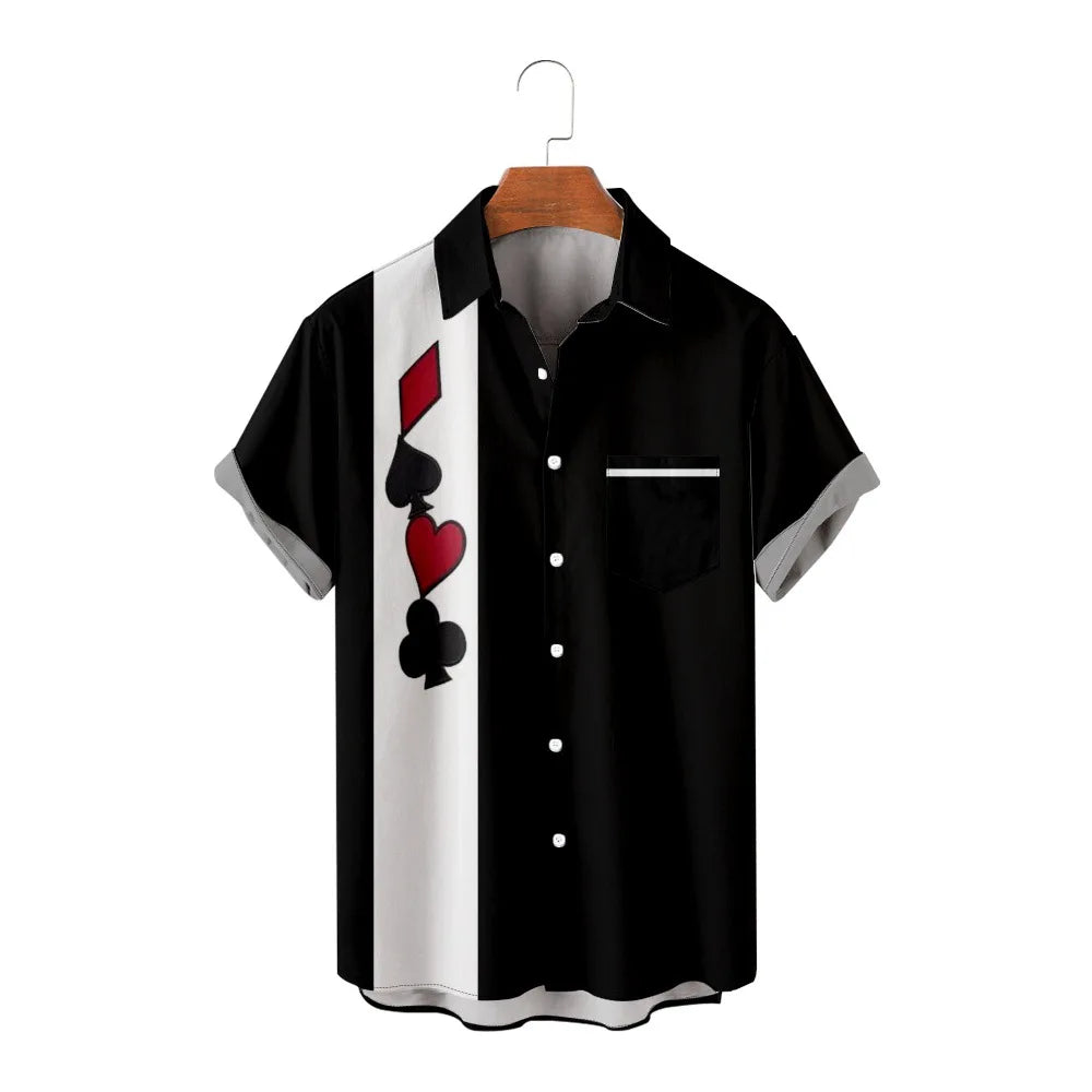 2023 Men's Shirt Poker Card Printed Casual Loose Fitting Shirt Short Sleeved Black and White Top