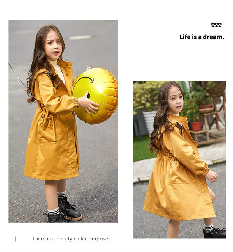 Baby Girl Windbreaker Outerwear Kids Spring Autumn Clothes Long Trench Coat Children Hooded Fashion  Jacket Teens Outer Clothing