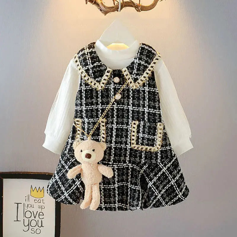 Baby Girls winter Princess Patchwork Dress 2022 New Fashion Party Costumes Kids Bowtie Casual Outfits Baby Lovely Suits 2-7Y