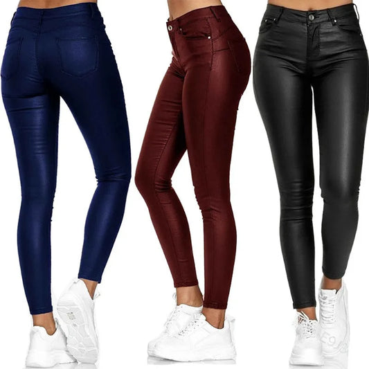 2024 Spring Autumn New Women's Clothing High Waist Pure Color Leather PU Leather Pants