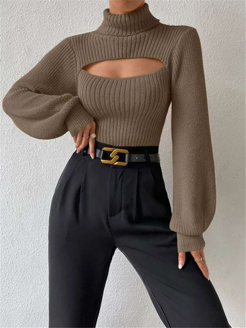 Chest Hollowed-out Sexy Sweater Design Sexy Loose Matching Sweater Fall Winter Turtleneck Hollowed-out Sweater Women Wear Top