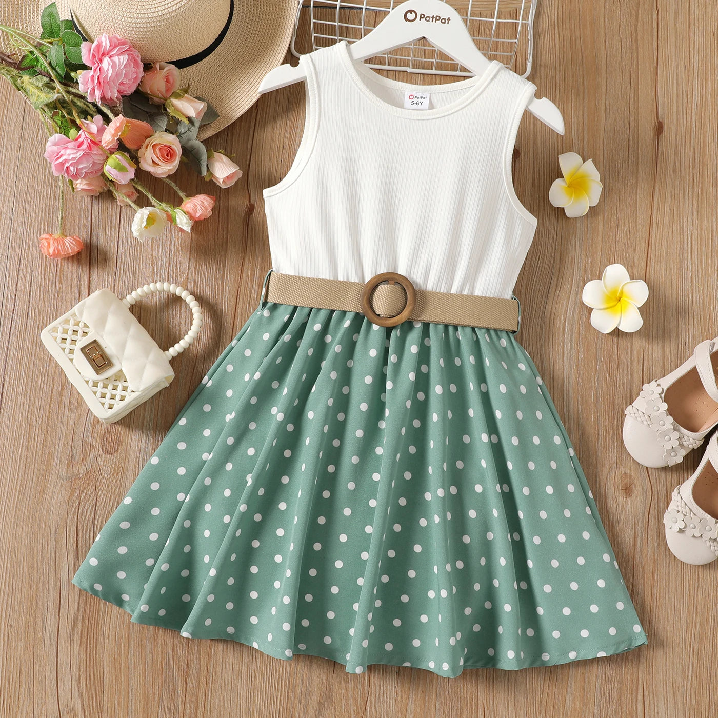 PatPat 2pcs Girl Dresses Kids Clothes Girl Polka Dots Ribbed Girls Splice Sleeveless Dress & Belt