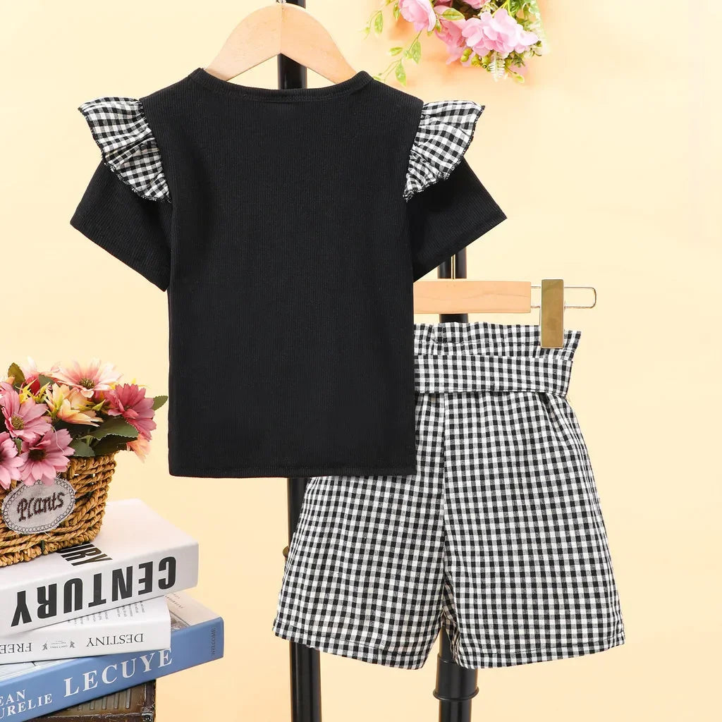 Summer Plaid Set Kids Girl Clothes Short Sleeve T-shirt Plus Short Plus Belt 3 To 7 Years Old Fashion Casual Cute Kids Set