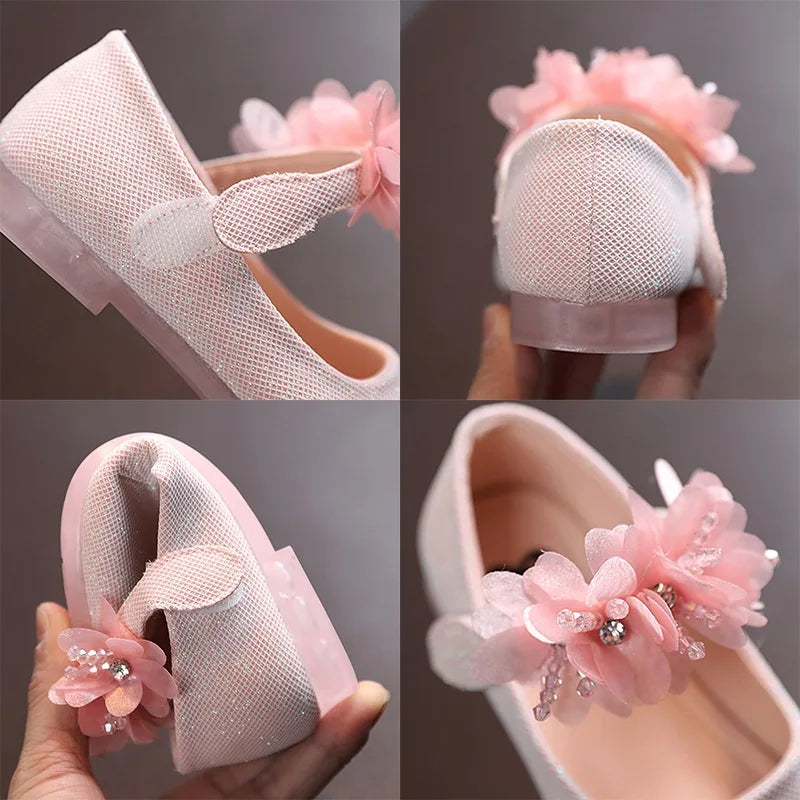 Child Beaded Little Flowers Leather Shoes Girls Princess Shoes Middle And Small Crystal Soft Bottom Dancing Shoes