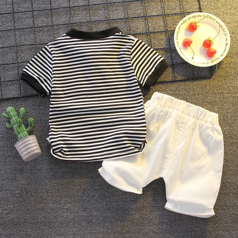 2Piece Sets Summer Outfit Boys Boutique Clothing Korean Fashion Stripe Short Sleeve Cotton Baby Tops+Shorts Kids Clothes BC372