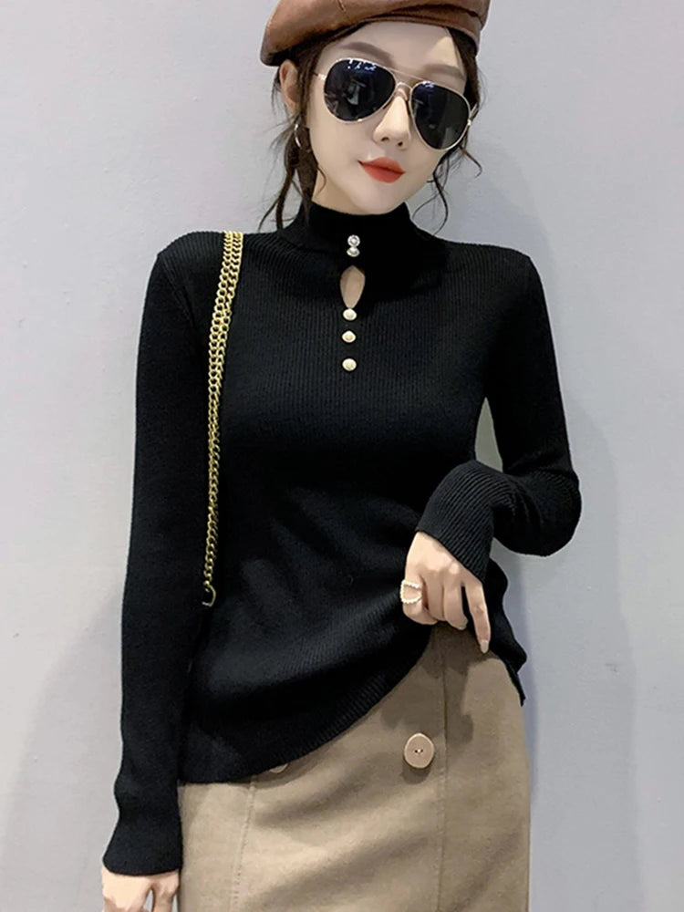 Autumn Winter Pullovers Women Hollow-out Sweaters Long Sleeve Half High Collar Sweater Female Slim Korean Knitwears Tops 2024