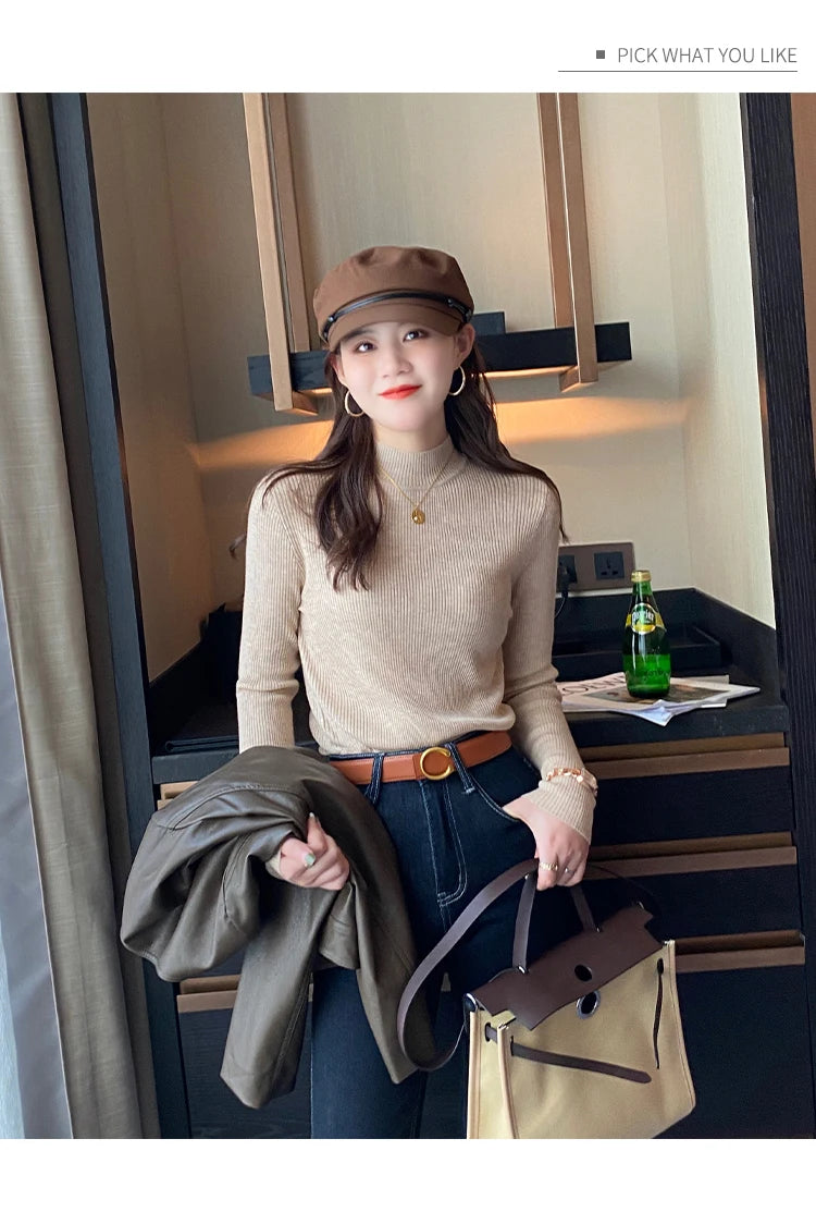 Autumn Winter Mock Neck Women Sweater Vintage Basic Solid Knitted Korean Tops Casual Slim Pullover Sweaters Simple Chic Jumpers