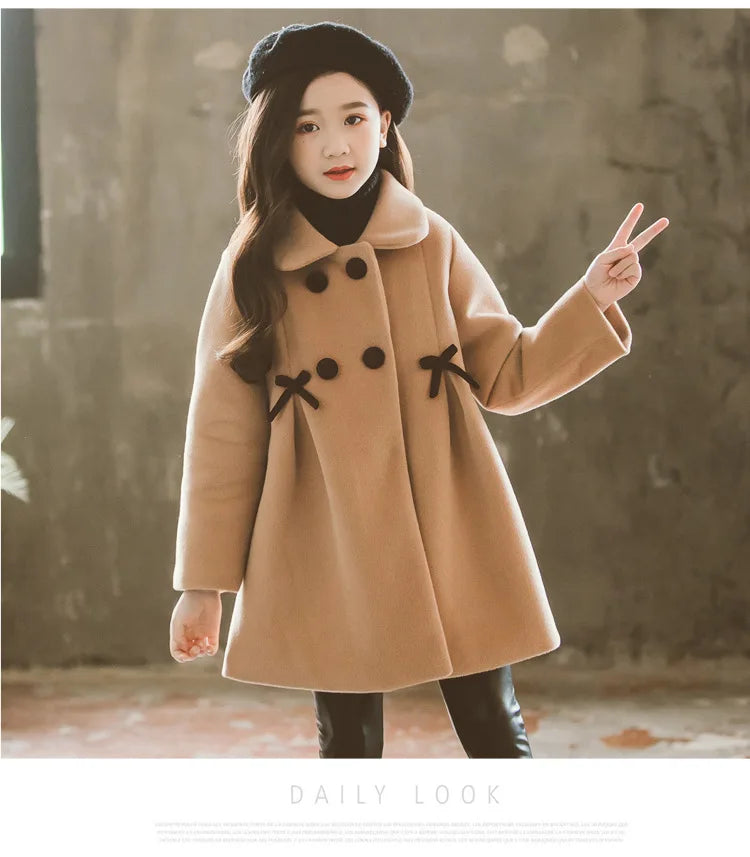 3 4 5 6 8 10 12 Years Girls Wool Coat Autumn Winter Korean Version Long Kids Jacket Double Breasted Children Outerwear Clothing