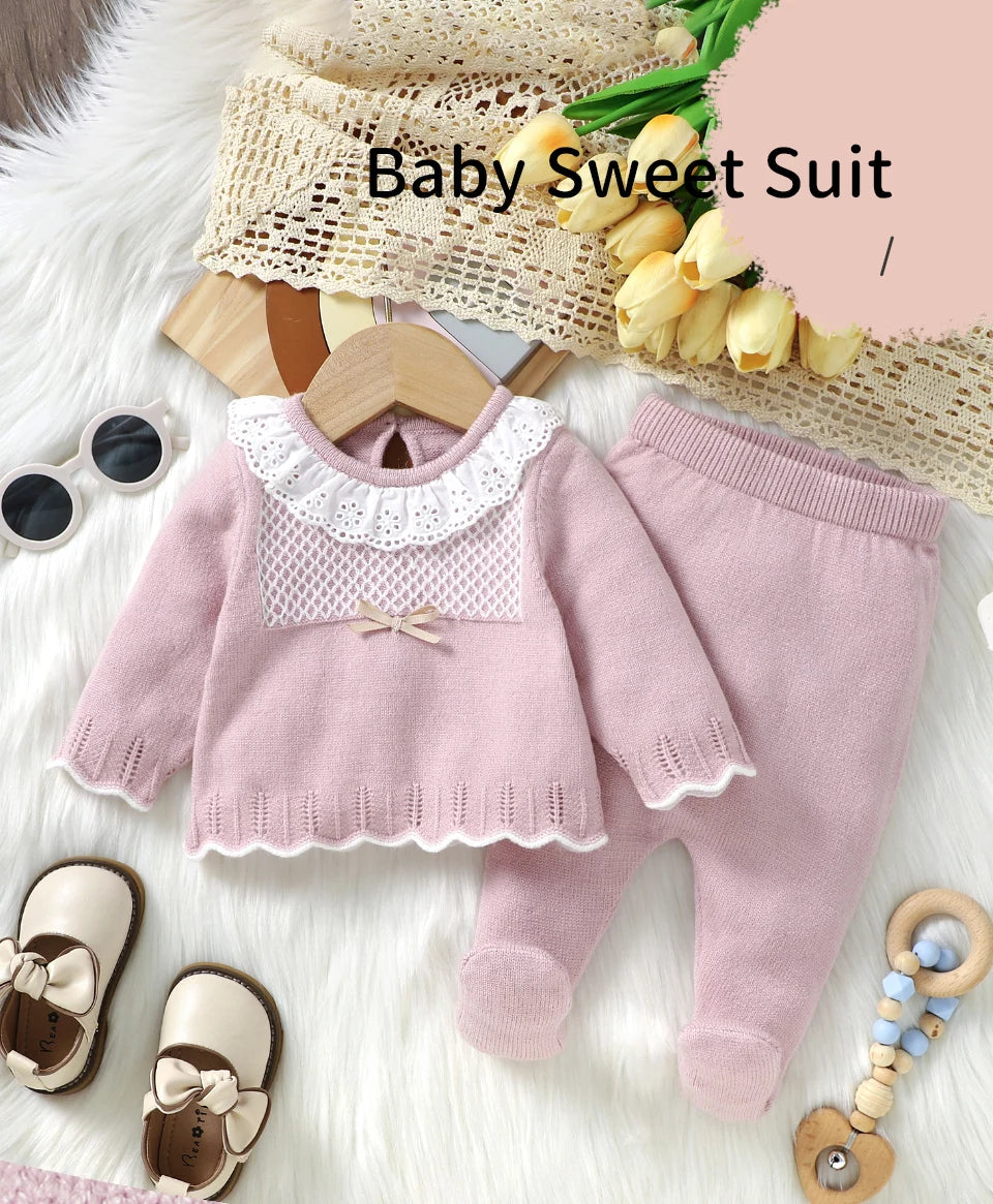 2pcs New Born Infant Clothes Spring Autumn Winter Toddler Kids Girls Crew Neck Long Sleeve Sweaters Tops+Pants Outfits 0-9M Wear