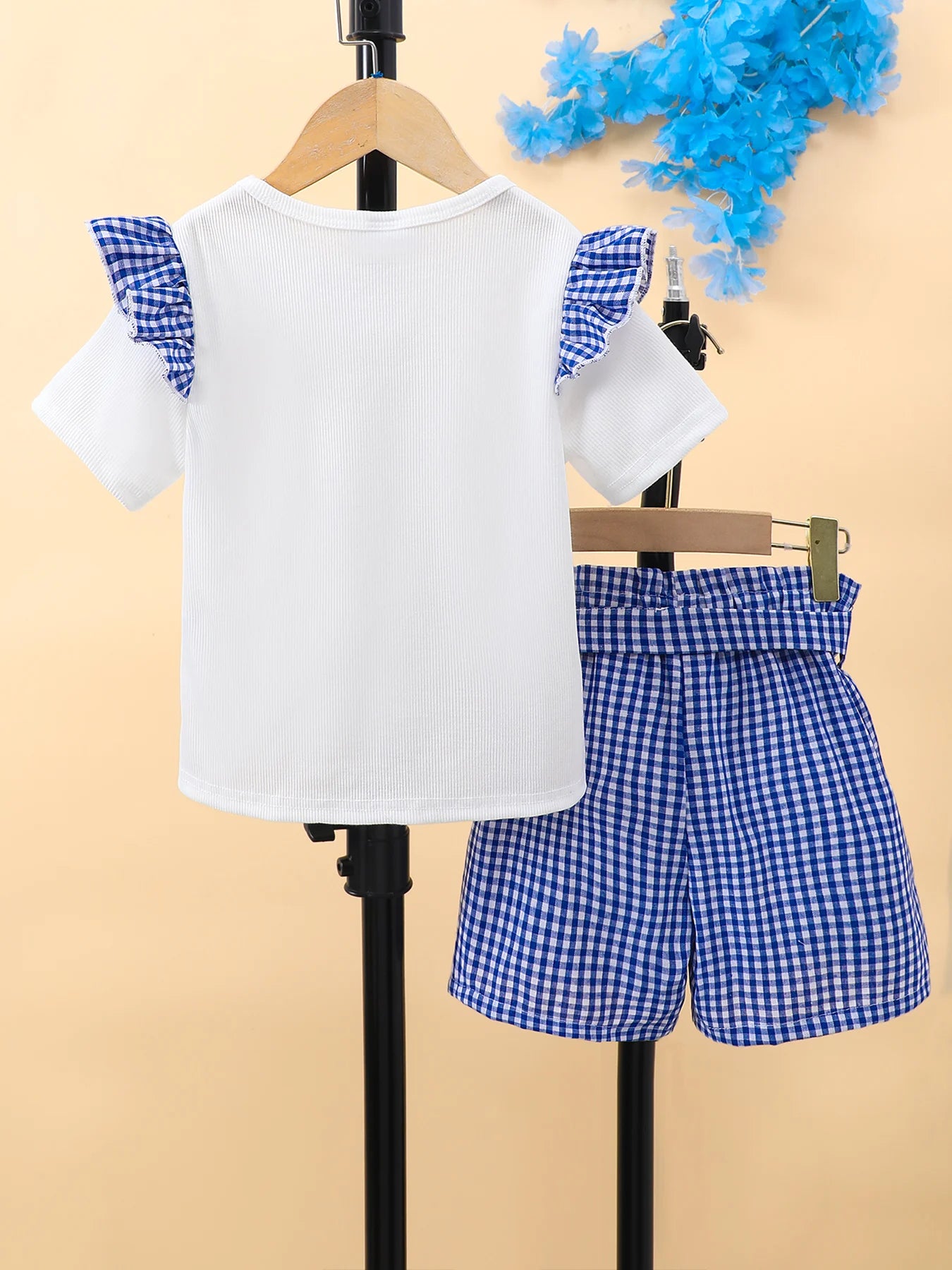 Plaid Splicing Two-Piece Set, Ruffle Short Sleeve Top + Plaid Shorts Set Sweet Fashion Clothes Girls Summer Outfit