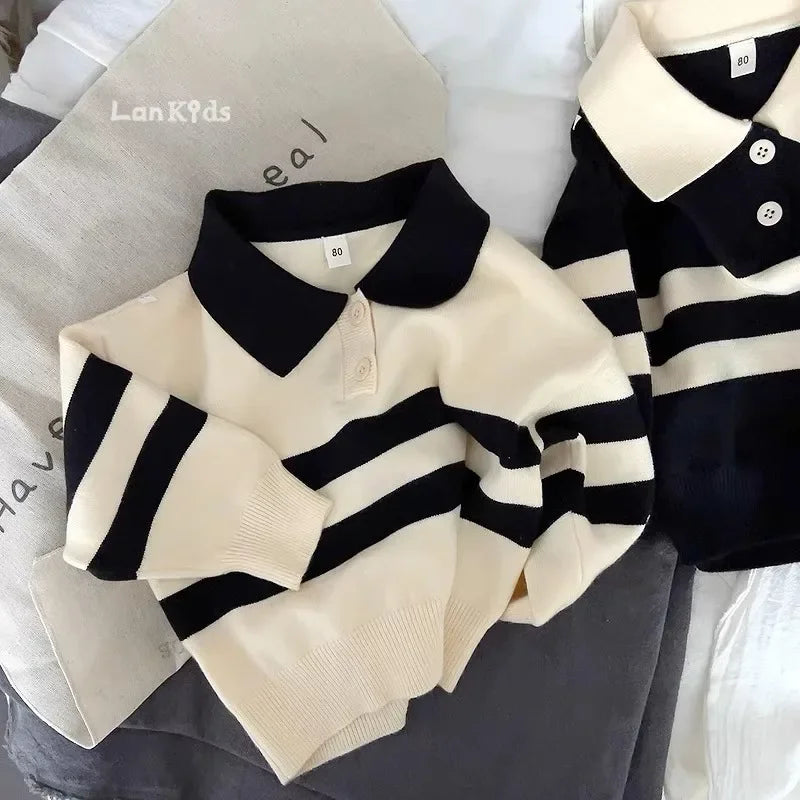 2023 New Korean Style Spring Autumn Children's Sweater Boys Girls Two-piece Button Striped Lapel Knitted Top Casual Fit Stylish