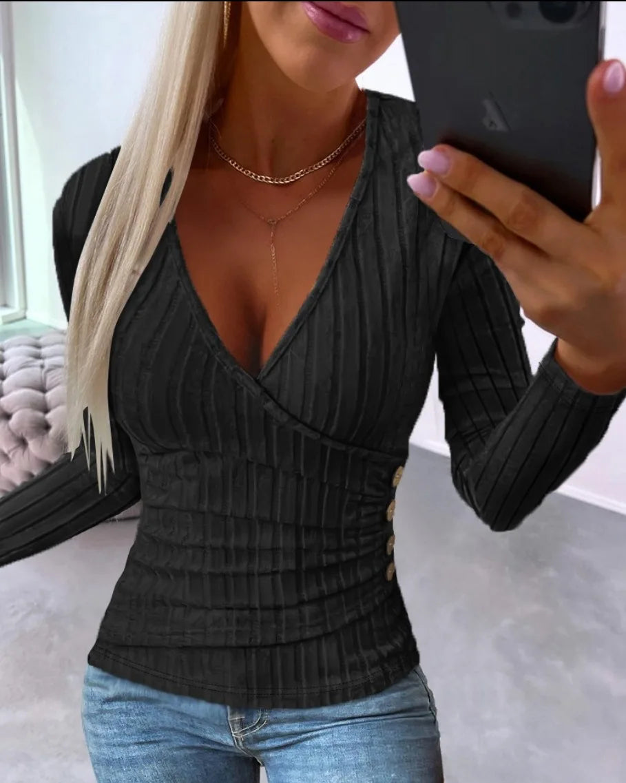 Elegant Deep V-neck Long-sleeved Slim Knitted Top For Women Fashionable Autumn Winter Simple Office Bodycon Pullover Female