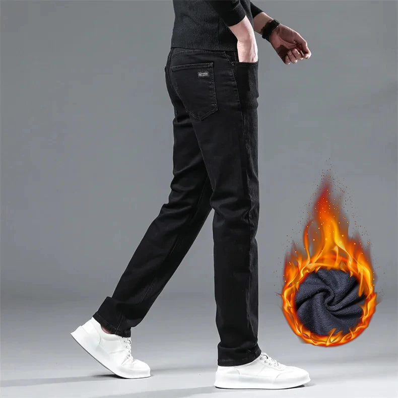 WTHINLEE Thick Fleece Men's Stretch Jeans Winter Thermal Warm Straight Casual Denim Trousers Black Soft Cozy Jean Pants