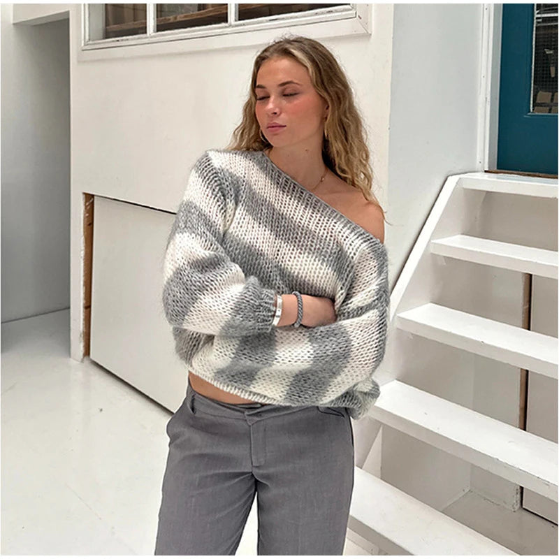 Off Shoulder Knitted Striped Sweater Women Loose Casual Slash Neck Long Sleeve Female Pullovers 2024 Autumn Lady Street Jumper