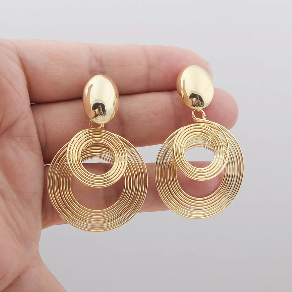 Multi-layer Geometry Round Circle Metal Coil Drop Earrings For Women New Exaggerated Temperament Gold Color Jewelry Wholesale