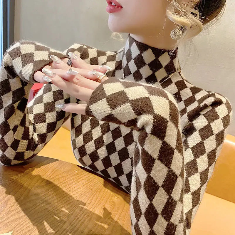 Women Clothing Fashion Elegant Mock Neck Long Sleeve Pullovers Spring Autumn Chic Slim Plaid All-match Tops Office Lady Sweaters