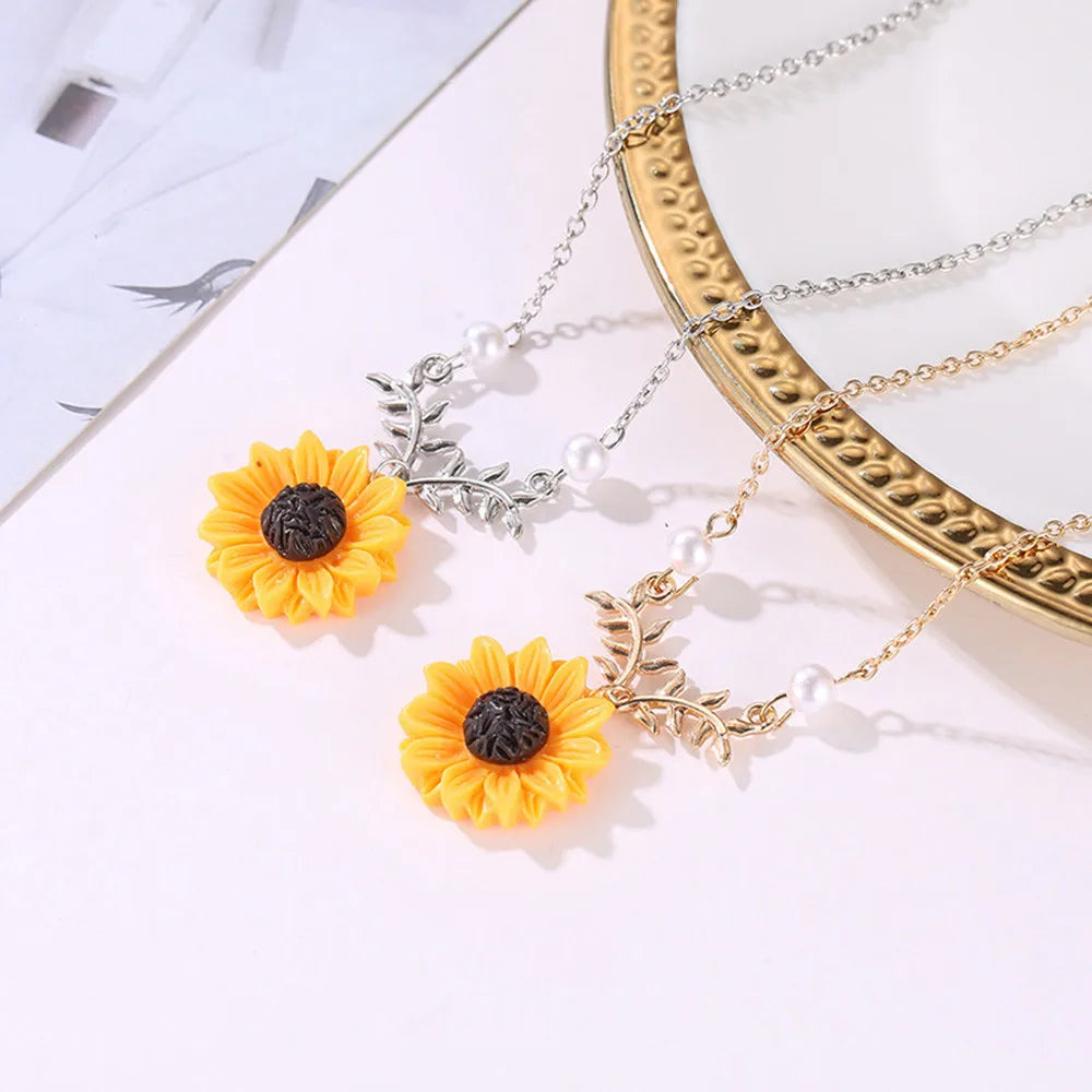 Fashion Jewelry Girlfriends Gift Gold Plated Charm Pendant Women Branch Long Sunflower Yellow Necklaces Collares Para Mujer