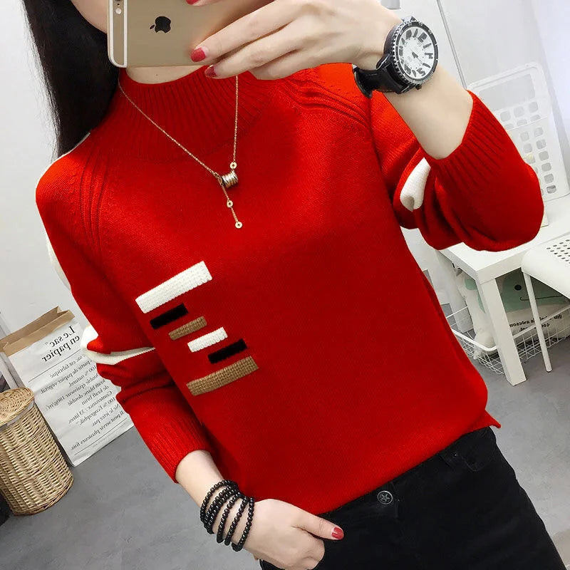 2024 Autumn Fashion Half High Collar Knitted Spliced Loose Sweater Women Clothing Oversized Casual Pullovers Tops Jumper Sweater