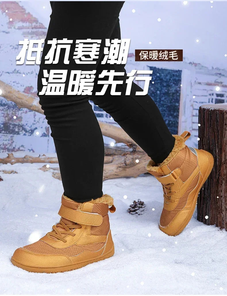 Kids Barefoot Boots Wide Width Waterproof Winter Fur Lined Shoes for Boys Girls Cold Weather Children Outdoor Fashion Sneakers