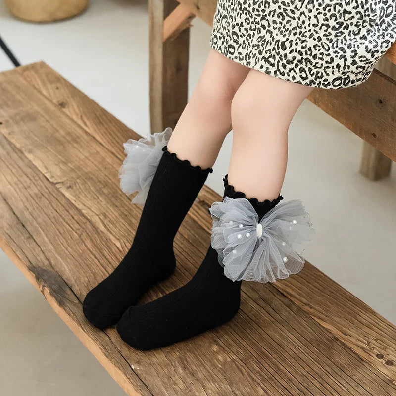 Spring and Autumn Children Cute Sweet Princess Fashion Bow Comfortable Breathable Calf Socks for Girls