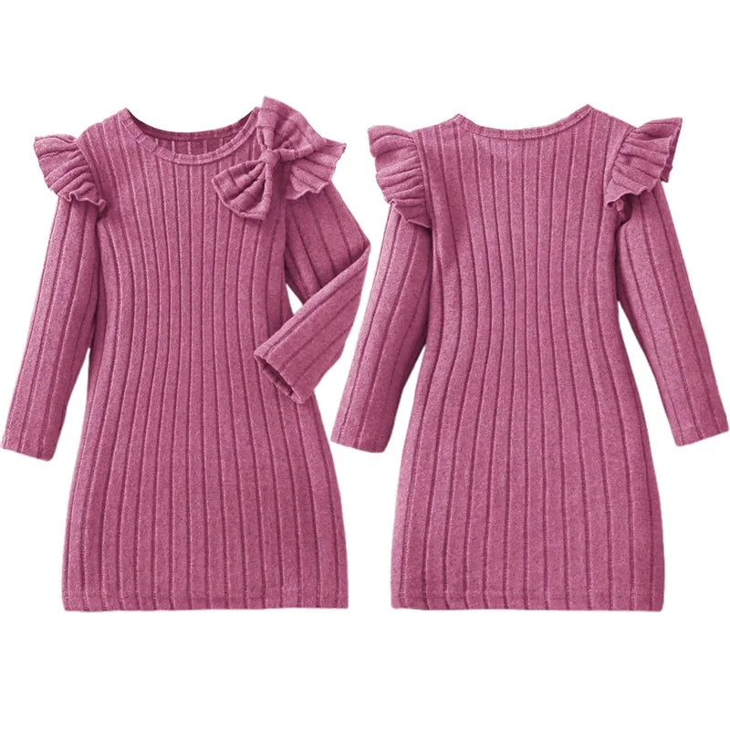 3-8Y Kids Girls Knit Dress Solid Color Bowknot Round Neck Long Sleeve Casual Dress Fall Winter Kids Princess Warm Dresses