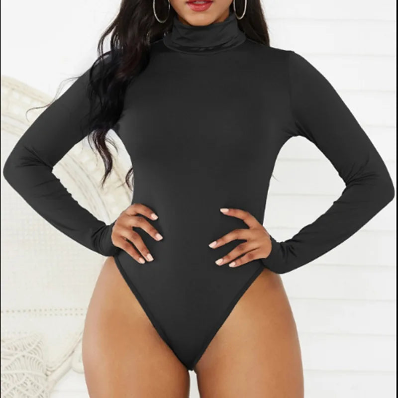 Women Black Long Sleeve Bodysuit Autumn Winter Turtleneck Bodysuits Womens Sexy Bodycon High Waist Romper Body