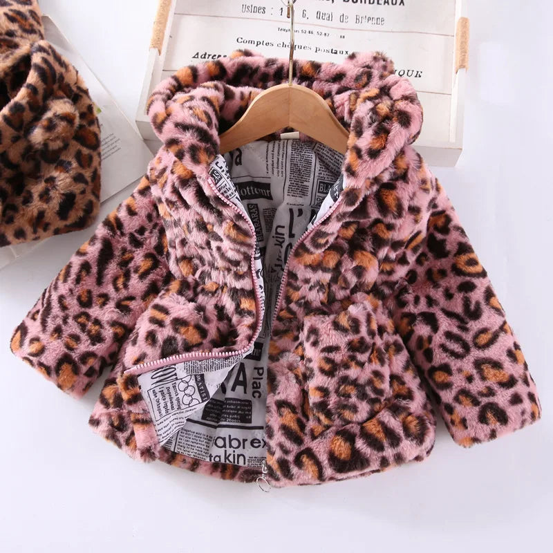 Autumn Winter Plush Baby Girls Jacket Fashion Leopard Print Warm Faux Fur Coat For Girls Hooded Outerwear 2-8 Years Kids Clothes