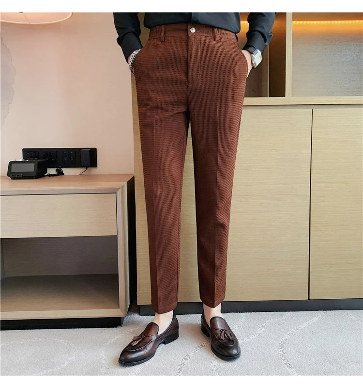 Suit Pants Autumn Winter Fashion Waffle Dress Pants For Men Clothing Business Casual Slim Fit Men's Formal Trousers High Quality