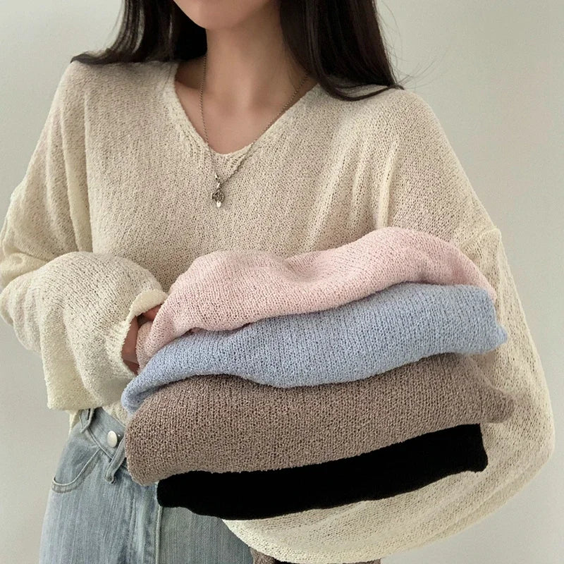 ITOOLIN Women V-Neck Loose Knitted Sweaters Long Sleeve Solid Casual Pullovers Sweater Women Streetwear Spring Autumn 2024