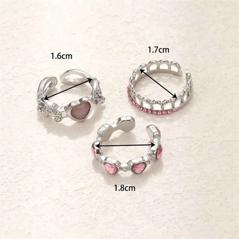 3pcs Fashion Love Heart Zircon Open Rings Set for Women Gothic Sweet Girls Geometric Finger Rings Y2K Party Jewelry Accessories