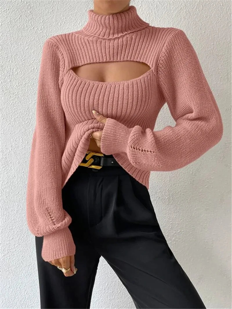 Chest Hollowed-out Sexy Sweater Design Sexy Loose Matching Sweater Fall Winter Turtleneck Hollowed-out Sweater Women Wear Top