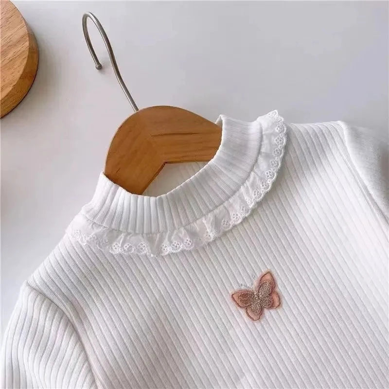 Toddler Baby Girl Velvet Warm Tops Children Turtleneck Butterfly Sweater Shirts 1-13Years Children Base Tops in Pink Beige 6 8 9