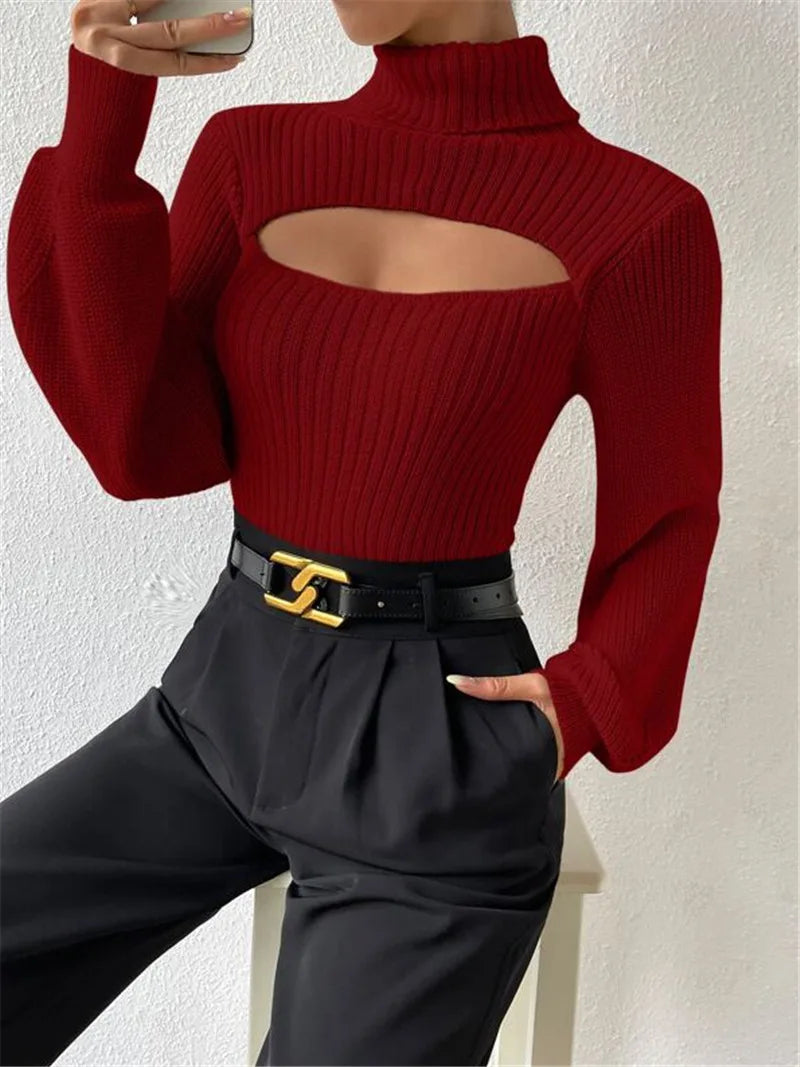 Chest Hollowed-out Sexy Sweater Design Sexy Loose Matching Sweater Fall Winter Turtleneck Hollowed-out Sweater Women Wear Top