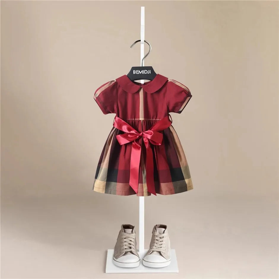 Summer Clothes Charming Dress Girls Cotton Casual Plaid Bow Children Dress  New Cute Baby Clothing Wholesale 1-7 Years Old