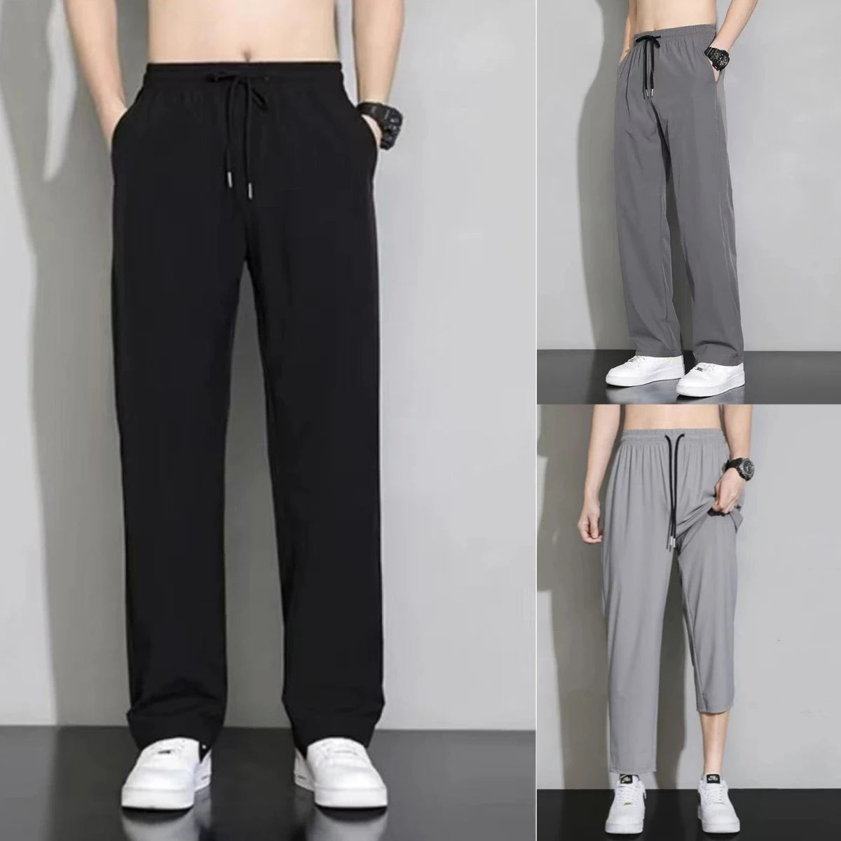 Summer Ice Silk Quick Dry Sweatpant Men's Joggers Pants Oversize Straight Pants Pocket Tracksuit Trousers Fitness Training Pants