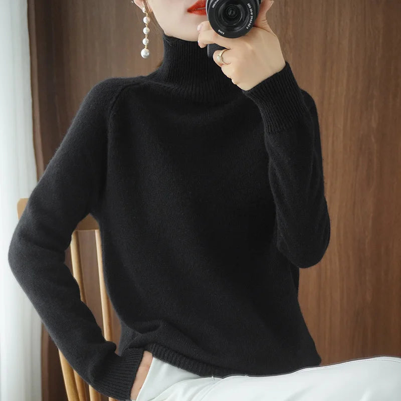 Turtleneck Merino Wool Pullover Basic Casual Cashmere Sweater Comfort Autumn Winter Women's Raglan Sleeve Clothing Tops