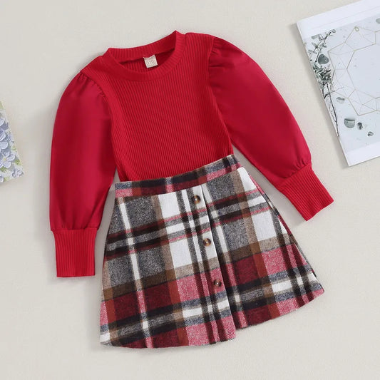 Children Girl Two Piece Skirt Sets Spring Autumn Clothes Outfits Lantern Sleeve Knit Top and Plaid Mini Skirt Set Baby Clothing