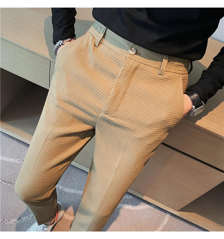 Suit Pants Autumn Winter Fashion Waffle Dress Pants For Men Clothing Business Casual Slim Fit Men's Formal Trousers High Quality