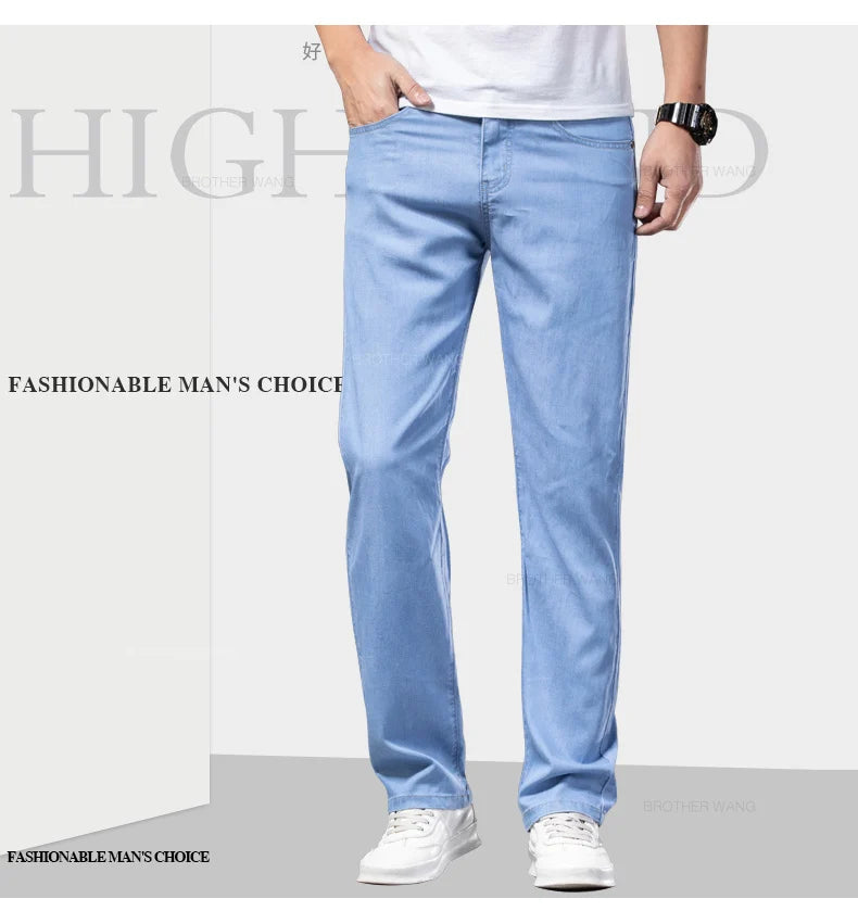 Summer Ultra Thin Men's Loose Jeans Lyocell Drape Ice Silk Fashion Casual Stretch Denim Pants Business Straight Trousers