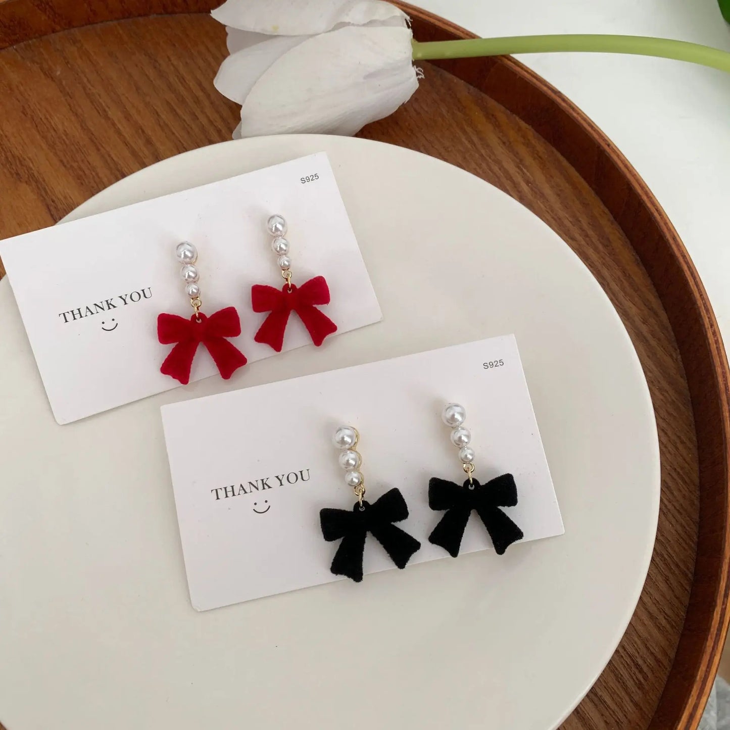 Red Black Bowtie Earrings for Women Girls Simulated Pearl Cloth Bow Tie Earrings Jewelry Ear Accessories Beautiful Gifts