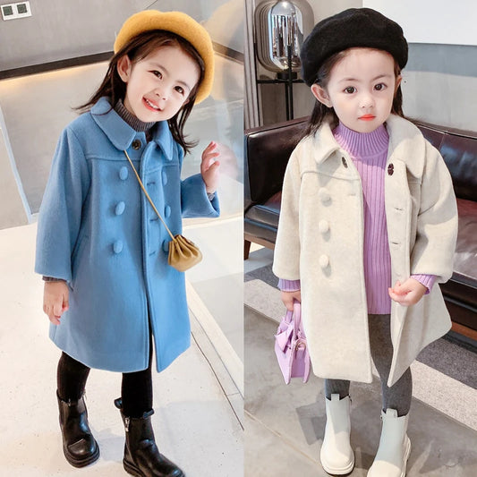 1-7 Years Girls Wool Coats New Fashion Korean Version Long Kids Jacket Spring Autumn Double Breasted Children Outerwear Clothing