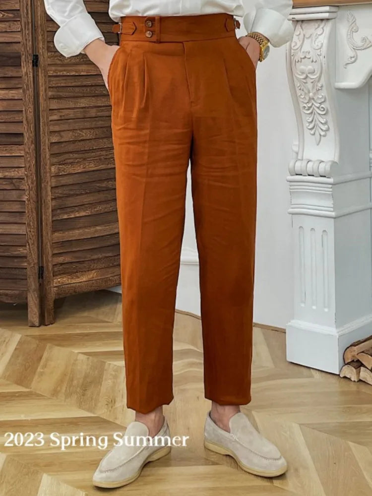 Linen Straight Leg Pant Naples High Waist Suits Retro Casual Pant British High Waist Pants Office-trouser Men Dress Pant Trouser