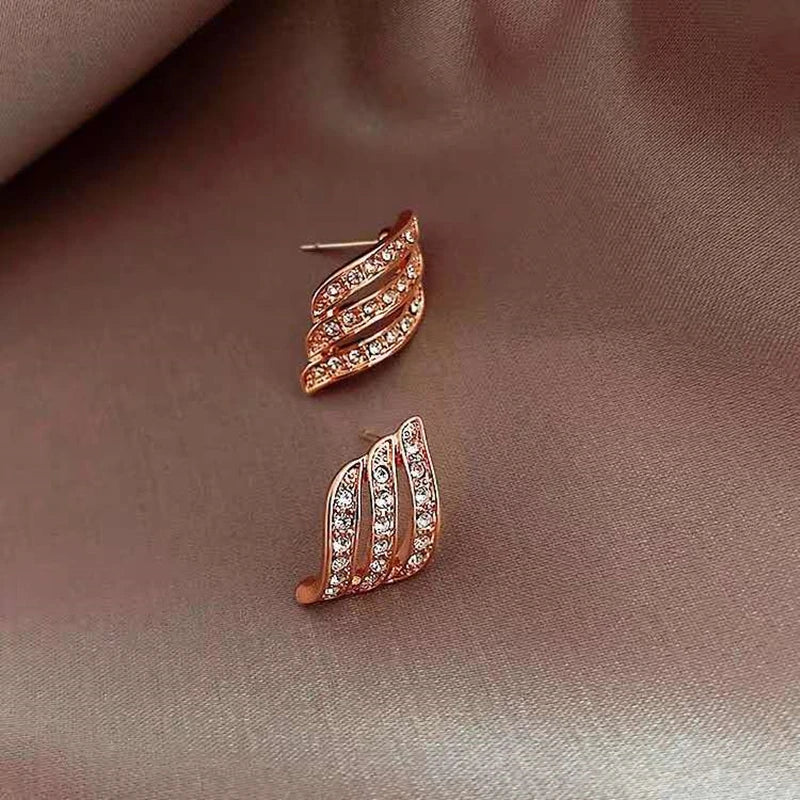 Full Crystal Three Rows S-shaped Stud Earrings for Women Personality Unique Angel Wing Leaf Feather Ear Wedding Jewelry