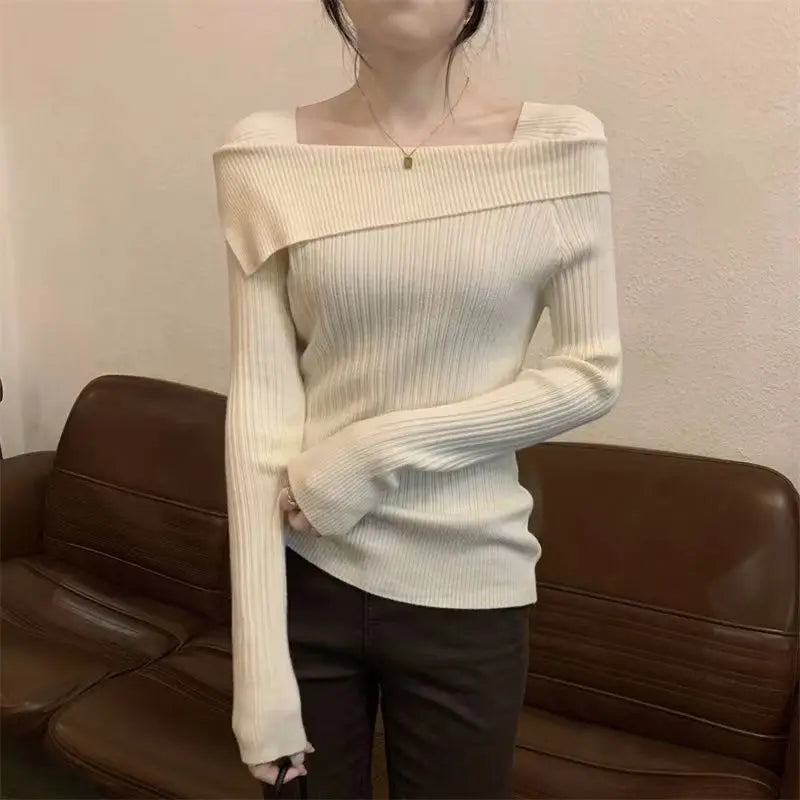 Women Slim Off Shoulder Knit Sweater Slash Neck Long Sleeve Knitwear Jumpers Office Sweater For Women 2023 Autumn Winter