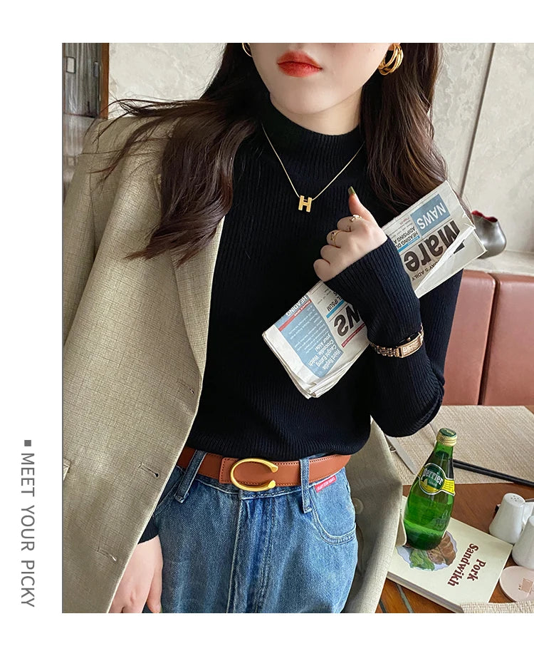 Autumn Winter Mock Neck Women Sweater Vintage Basic Solid Knitted Korean Tops Casual Slim Pullover Sweaters Simple Chic Jumpers