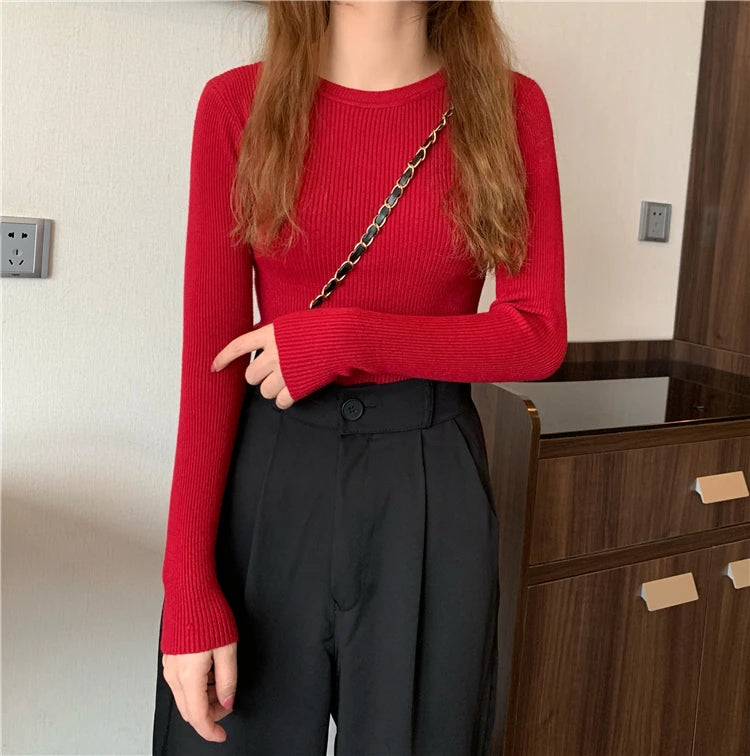 2024 New Women Sweater Autumn Winter Long Sleeve Pullover Basic Top Fashion O-neck Elastic Female Winter Solid Knitted Jumper