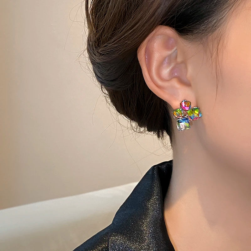 Design Fantastic Colorful Crystal Geometric Square Earrings with Different Angles and Colors Unusual Jewelry for Women or Girls