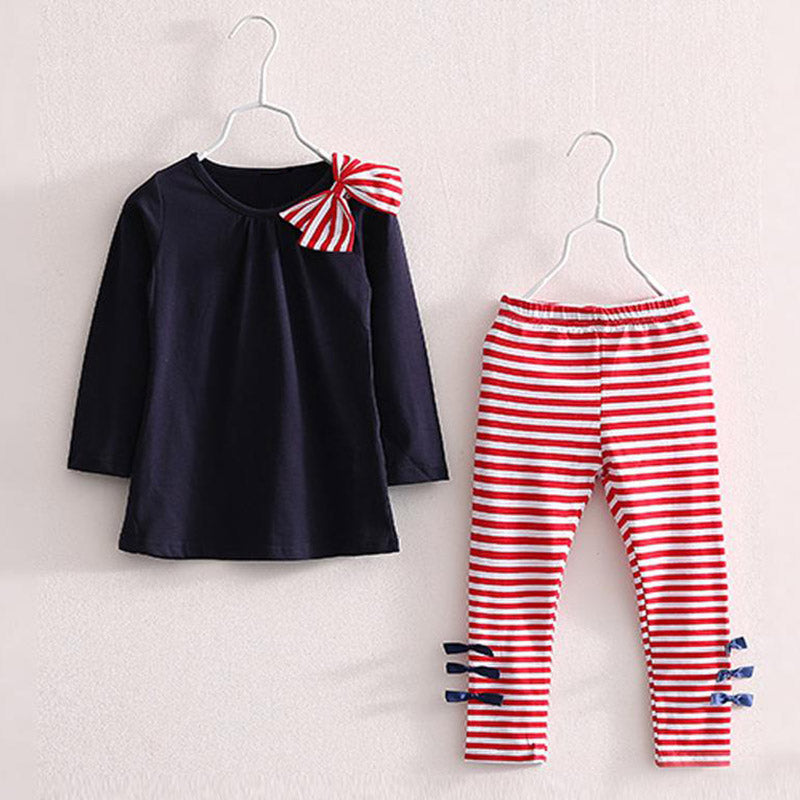 2023 New Children's Sportswear Girls' Autumn/Winter Set Bow Tie Decal Top+Striped Pants Set Girls' Children's Clothing 3-7Y