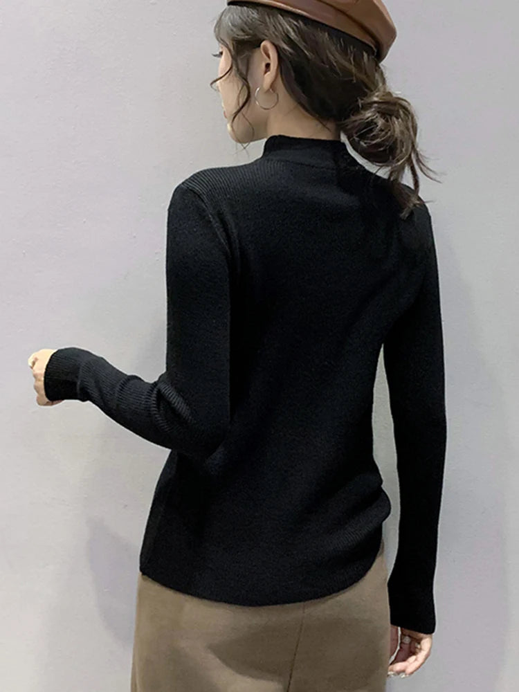 Autumn Winter Pullovers Women Hollow-out Sweaters Long Sleeve Half High Collar Sweater Female Slim Korean Knitwears Tops 2024